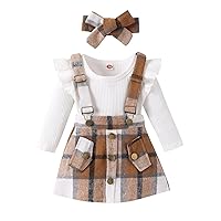 Toddler Newborn Baby Girls Clothes Ruffle Long Sleeve Ribbed Romper Plaid Mini Suspender Skirt Fall Winter Set