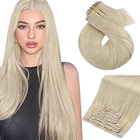 Moresoo Seamless Clip in Hair Extensions Human Hair Blonde Seamless PU Weft Clip in Human Hair Extensions Platinum Blonde Seamless Hair Extensions Clip in Blonde #60 16inch 7pcs 120g