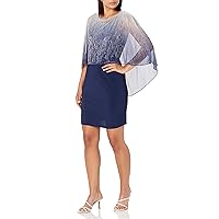 S.L. Fashions Women's Petite Short Capelet Overlay Dress with Metallic Trim, Navy Shimmer, 8P