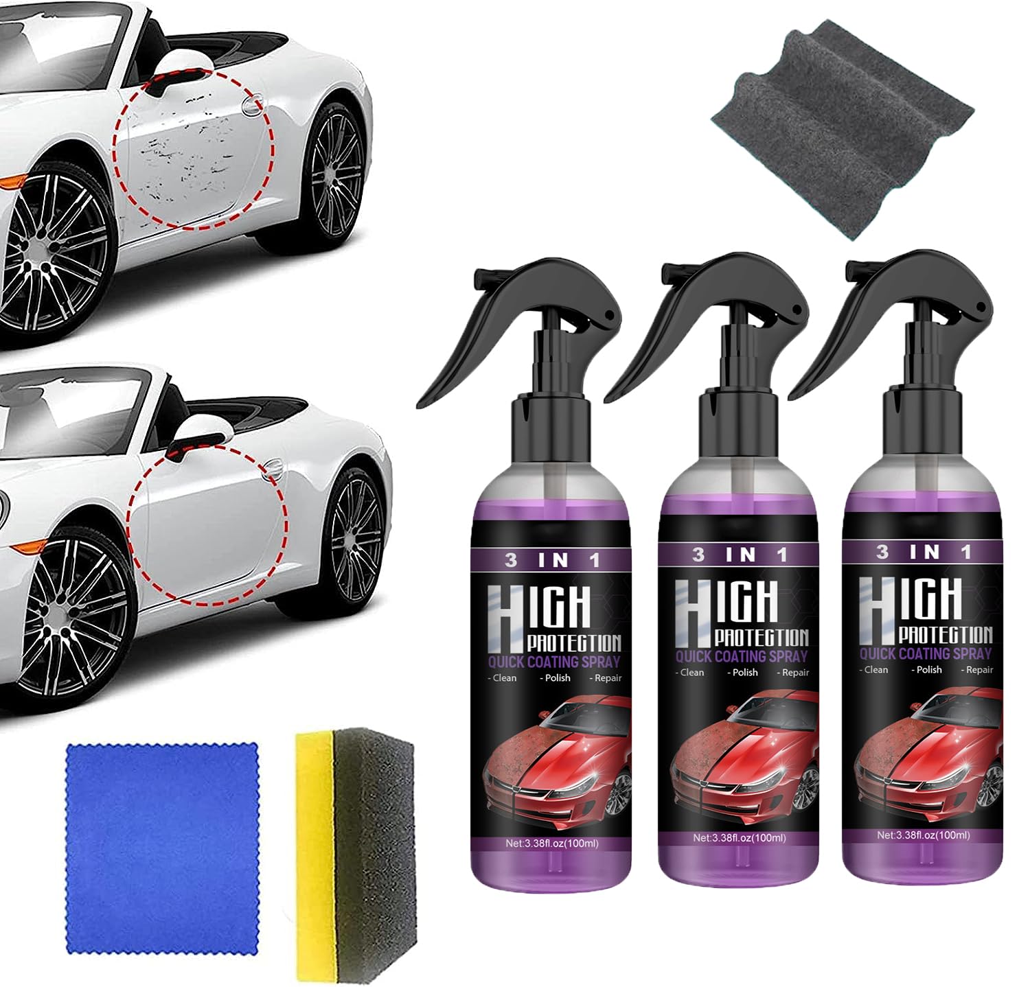 INHLUGLK High Protection 3 in 1 Spray, 3 in 1 Ceramic Car Coating Spray,  Quick Waxing Polishing for Car, Nano Coating Spray for Cars, 3 in 1 High