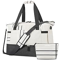 Gym Bag for Women, Travel Duffel Bag with USB Charging Port, Weekender Overnight Bag with Wet Pocket and Shoes Compartment for Women, Travel, Gym, Yoga (Khaki/Black)