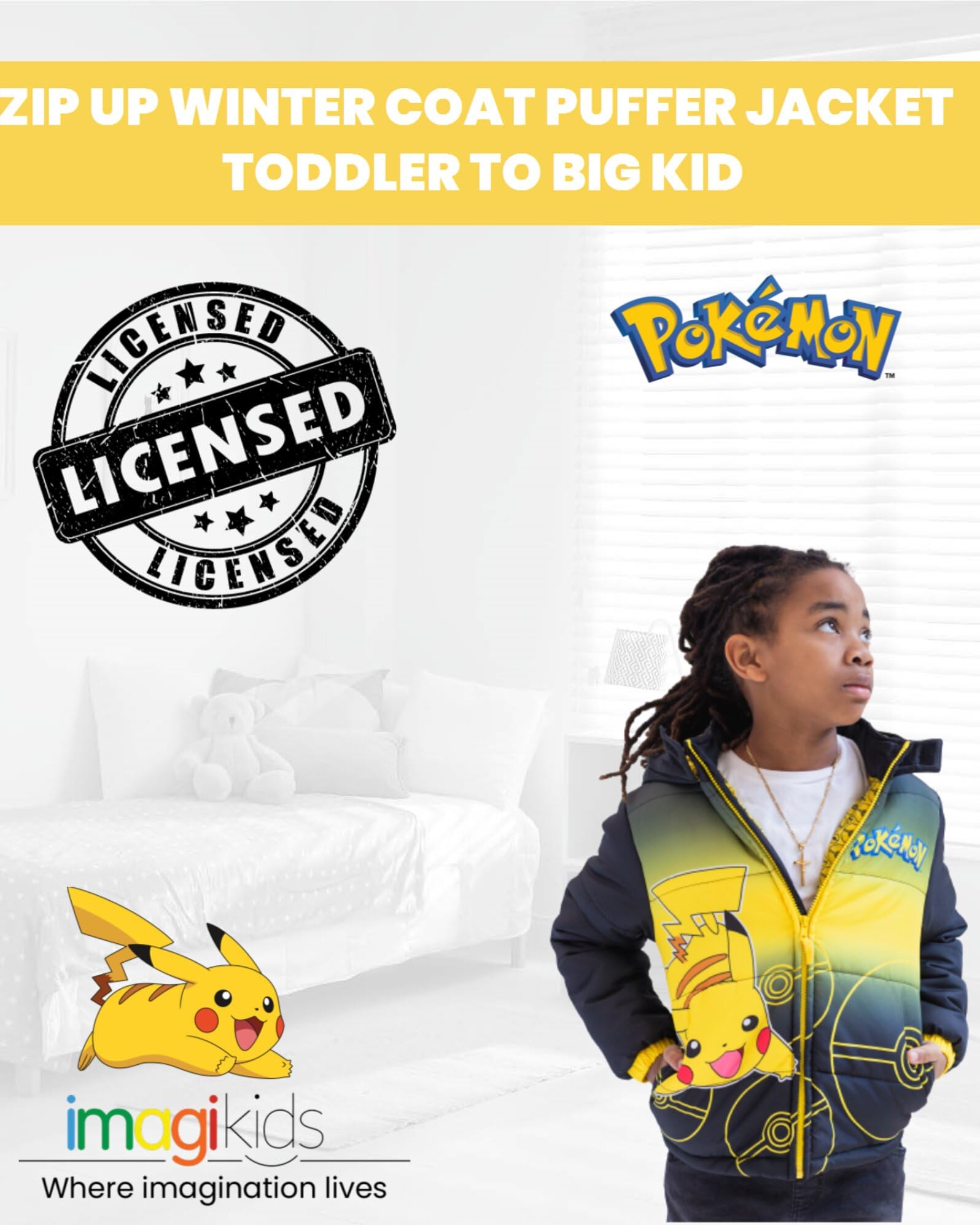 Pokemon Pikachu Zip Up Winter Coat Puffer Jacket Toddler to Big Kid