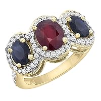 PIERA 10K Yellow Gold Natural Quality Ruby & Blue Sapphire 3-stone Mothers Ring Oval Diamond Accent, size5-10