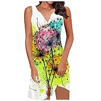 Womens Beach Casual Summer Dress Spaghetti Strap Sundress Swing Loose Tank Tshirt Dress Boho Floral Print with Pockets