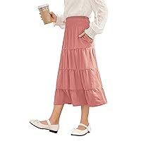 Hopeac Girls Maxi Skirt Summer Linen Cotton High Waist Tiered Elastic Smocked Boho Casual Flowy Midi Long Skirts with Pockets