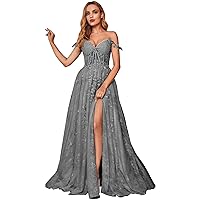 Womens Split Lace Off The Shoulder Prom Dresses with Appliques Long Tulle Formal Dress
