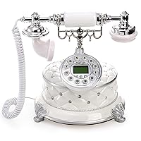 Jucoan Vintage Retro Landline Telephone, European Style Antique Old Fashioned Corded Phone Luxury Desktop Landline Telephone with Push Button LCD for Home Office Hotel Bar Decor, Elegant White