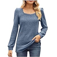 Brushed Ribbed Knit Tops for Women Fall Fashion Sweaters Shirt Casual Puff Long Sleeve Square Neck Tunic Blouses for Leggings
