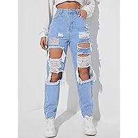 Jeans for Women Pants for Women Women's Jeans High Waist Cut Out Ripped Frayed Straight Leg Jeans (Color : Light Wash, Size : Small)