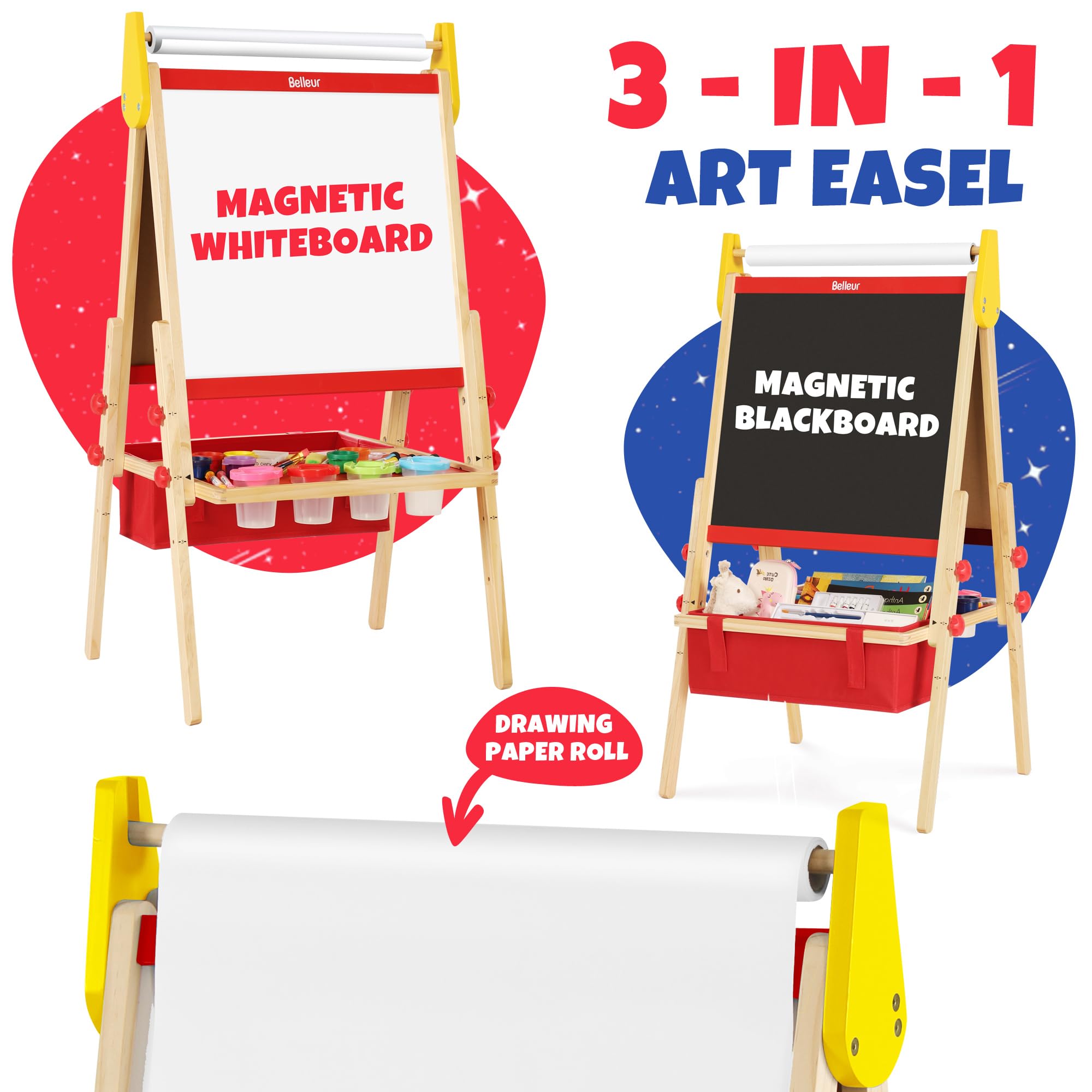 Belleur All-in-One Art Easel for Kid-100+ Accessories, Double-Sided Wooden Kid Easel with Chalkboard & Whiteboard, Finger Paints, Adjustable Art Kid Easel with Paper Roll for Toddler 2-8