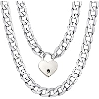 Padlock Necklace Stainless Steel Lover Heart Lock Collar Choker for Men Women Silver 16-20 inch