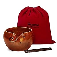 Yarn Bowl Large -7x4in, Wooden Crochet Bowl, Yarn Bowls for Knitting with Crochet Hooks & Travel Pouch. Perfect for Knitting & Crocheting