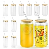 Sublimation Glass Cups 16 oz Can Shaped Sublimation Glass Tumbler with Bamboo Lid & Glass Straw & Cleaning Brush Sublimation Blanks Glass Can for Beer Iced Coffee - 6 Pcs Clear & 6 Pcs Frosted