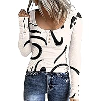 Women's Casual Long Sleeve Shirt V Neck Slim Fit Tops Fashion Ribbed Graphic Tee Vintage Button Henley Shirt