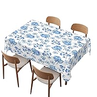 Leaf Pattern Tablecloth Rectangle,Flower Theme Table Cloth,Spillproof Wrinkle Free Tabletop Decoration Table Cover,for Dining Room, Kitchen, Wedding and Holiday,60x84 inch,White Blue