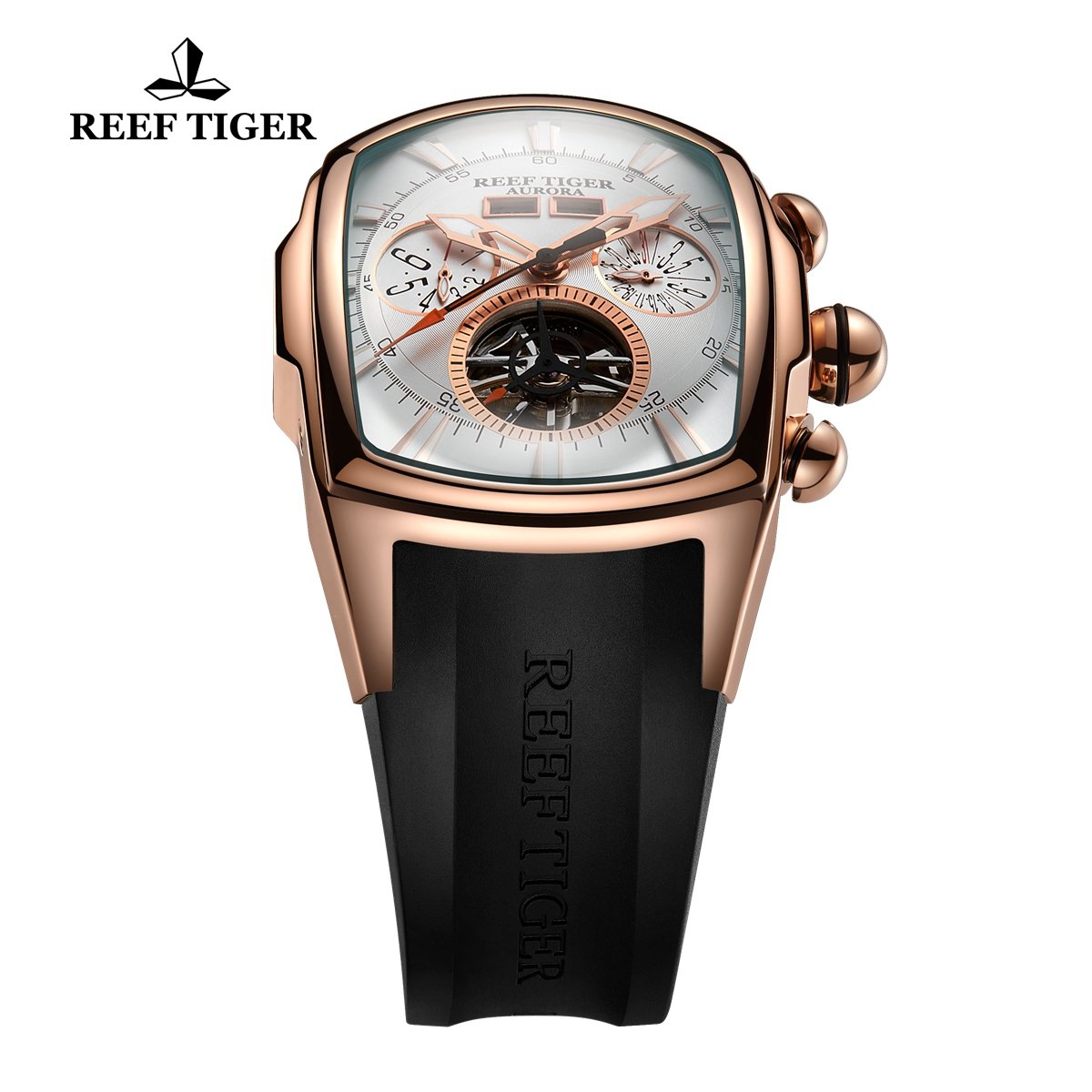REEF TIGER Sport Watches for Men Rose Gold Tone Tourbillon Automatic Huge Big Watch Rubber Strap RGA3069