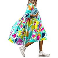 Summer Dresses for Women 2024 Pleated Boho Cute Sleeveless Flowy Beach Dress Straight Tee Round Neck Dress