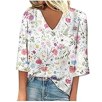 Womens Summer Tops 2023 3/4 Sleeve Floral Print T-Shirts V Neck Boho Tops Vintage Graphic Tee Dressy Casual Blouses