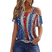 4th of July Tops for Women,USA Stars and Stripes Off The Shoulder Short Sleeve Tops,Independence Day Patriotic Shirt