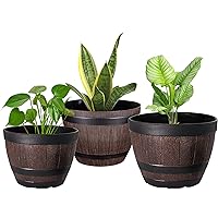 VECELO Plant Pots with Drainage Holes & Saucer, 9/11.3/13 Inch Flower Pots with Tray, 3 Pack Plastic Whiskey Barrel Planters for Indoor & Outdoor Garden Home Plants and Flowers