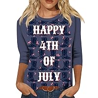 4th of July Tops for Women Plus Size 3/4 Sleeve Tops American Flag Shirt Quarter Length Sleeve Tunics Tee Blouses