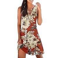 Cute Summer Dresses，Women Fashion Summer Floral Print Sleeveless Off Shoulder Loose Mid Skeleton Dresses