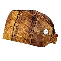 Grungy Hardwood Scratched Planks 2 Pieces Working Cap with Button Printed Bouffant Turban Cap Adjustable Bouffant Hair Cover