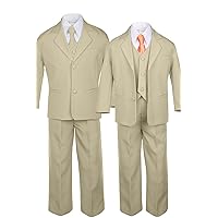 Unotux 6pc Boys Khaki Vest Set Suits with Satin Orange Necktie Outfits Baby Teen