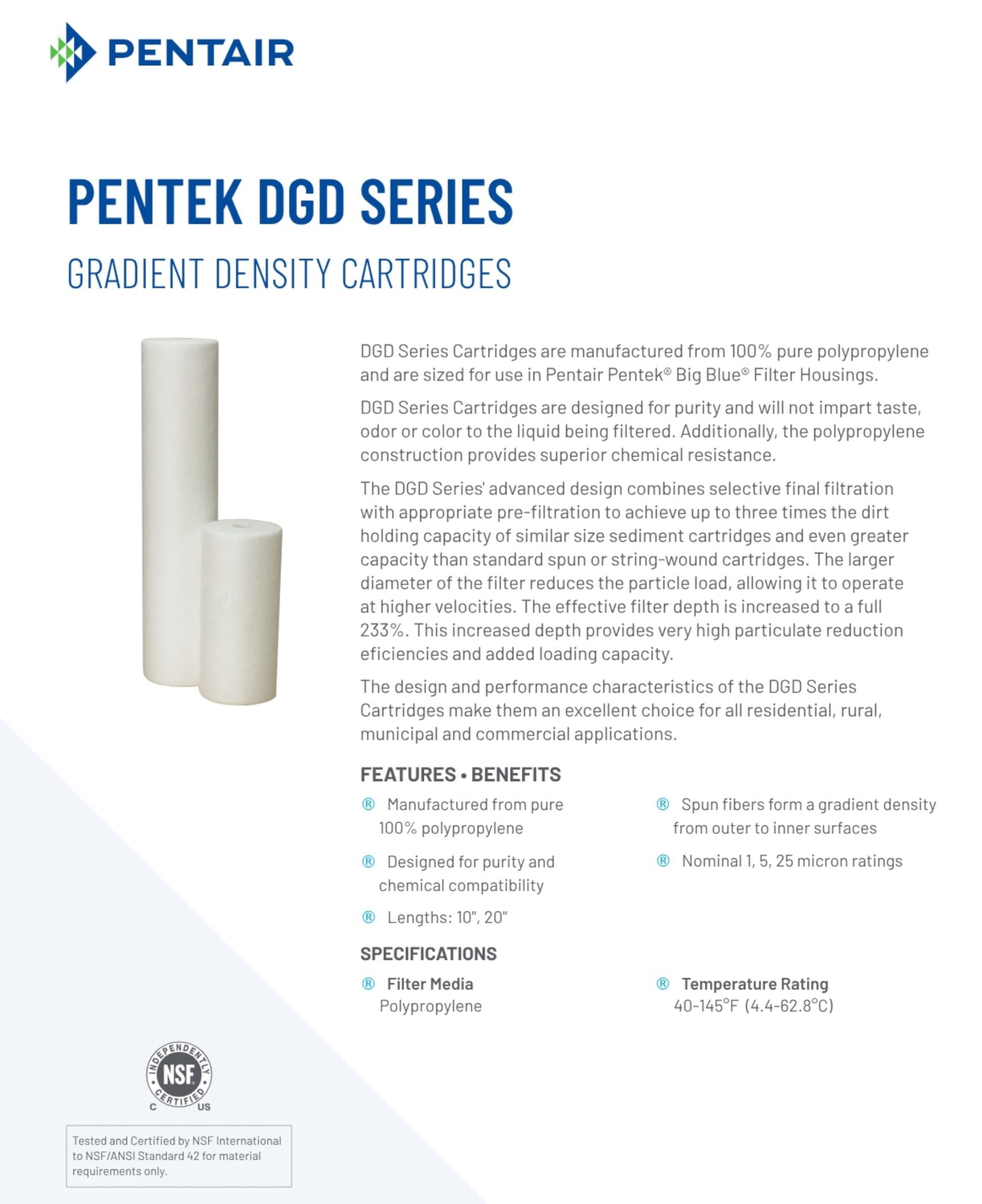 Pentair Pentek DGD-5005 Big Blue Water Filter, 10-Inch Whole House Sediment Filter Cartridge Replacement, Dual-Gradient Density Spun Polypropylene, 10