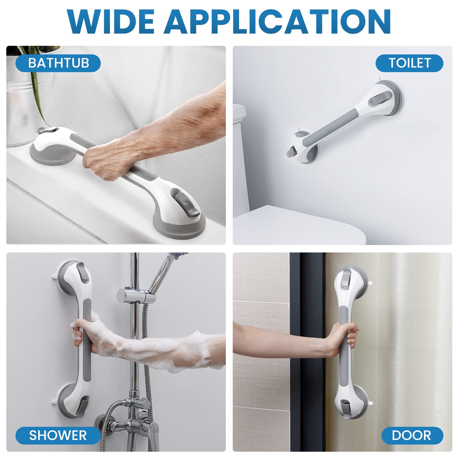 LEVERLOC 2 Pack Shower Grab Bars for Bathtubs and Showers, Easy to Install Suction Shower Handles for Bathroom Removable Handrails for Seniors Elderly Heavy Duty Safety Grip Waterproof Drill Free Gray