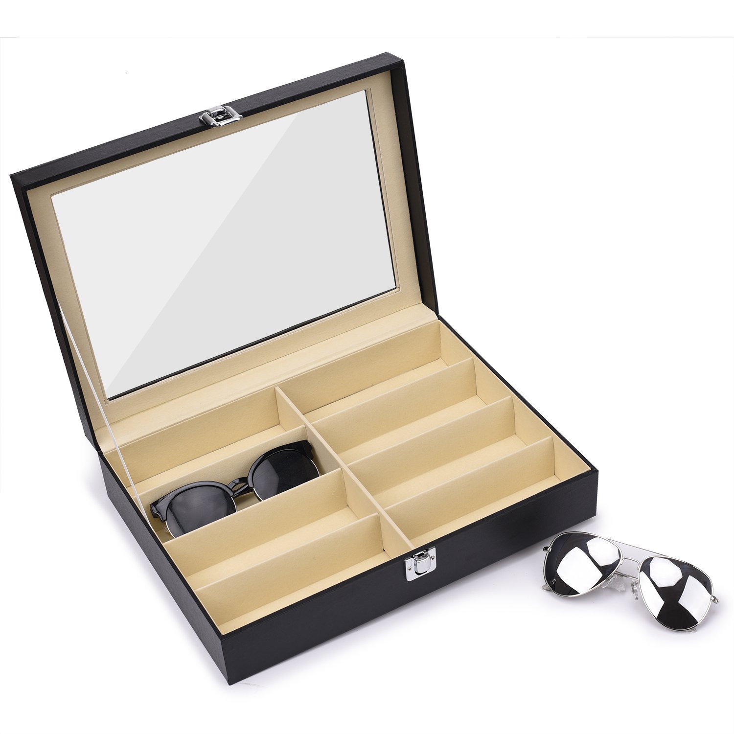 Sunglasses Eyeglass Organizer, 8 Slots PU Leather Eyewear Storage Box Jewelry Display Case Watch Box with Glass Lid