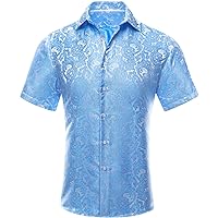 Hi-Tie Men's Light Blue Silk Dress Shirt Woven Floral Short Sleeve Regular Fit Button Down Shirt for Daily Hawaiian Beach(Large)