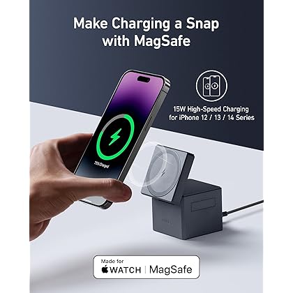 MagSafe Charger, Anker 3-in-1 Cube with MagSafe, 15W Max Fast Charging Foldable Wireless Charger, For iPhone 14/13/12 Series, Apple Watch Series 1-8/Ultra, AirPods Pro/3/2 (30W USB-C Charger Included)