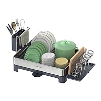 SONGMICS Dish Drying Rack, Stainless Steel Dish Rack with Rotatable Spout, Drainboard, Fingerprint-Resistant Dish Drainers for Kitchen Counter, 12.5 x 22.5 in, Silver and Gray UKCS030E01