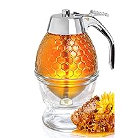 hunnibi Honey Dispenser PLUS - Glass Honey Dispenser No Drip Glass with Stand and STAINLESS STEEL TOP - Syrup Dispenser Glass - Beautiful Honey Pot - Honey Jar with Stand