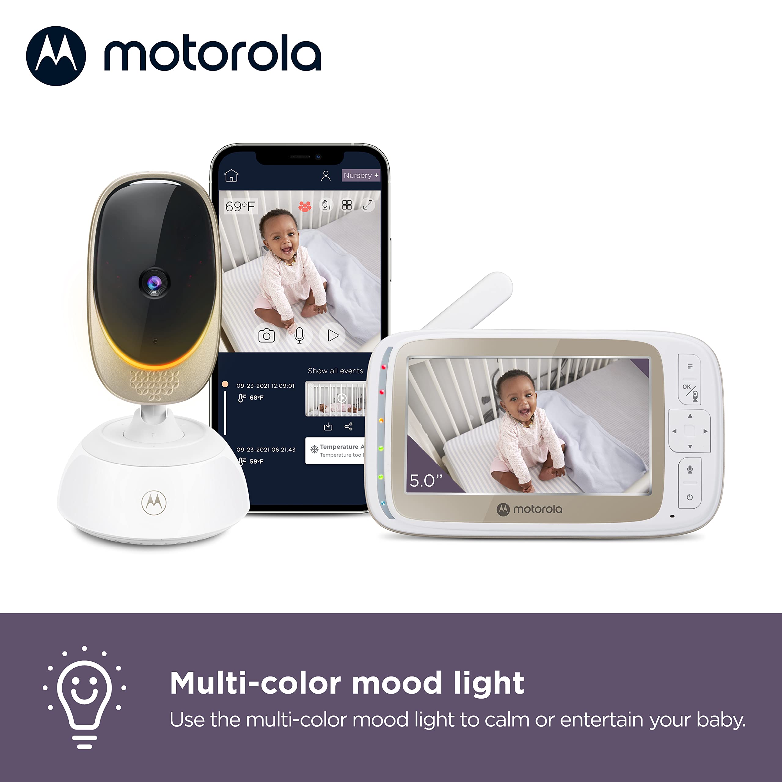 Motorola Baby Monitor VM85-5 WiFi Video Baby Monitor with Camera & Mood Light - Connects to Nursery App, 1000ft Range, 2-Way Audio, Remote Pan, Digital Tilt-Zoom, Temp, Lullabies, Night Vision