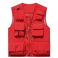 Flygo Men's Casual Lightweight Outdoor Fishing Work Safari Travel Photo Cargo Vest Jacket Multi Pockets(XX-Large, Red)