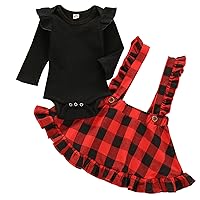 iiniim Baby Girls Christmas Outfits Ribbed Romper Plaid&Suspender Skirt Xmas Overall Dress Suit