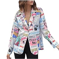 Women Open Front Blazer Casual Long Sleeve One Button Newspaper Pop Art Print V Neck Suit Jacket Fashion Streetwear