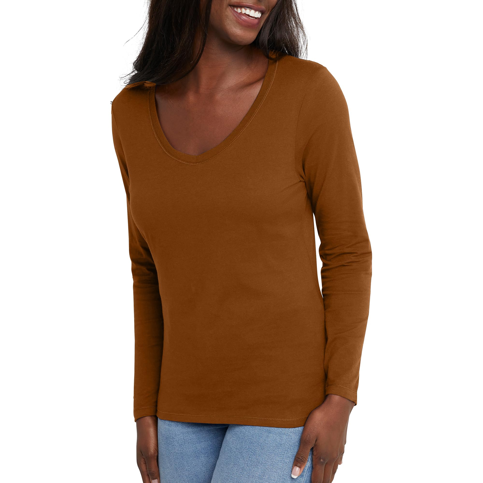 Hanes Womens Originals Long Sleeve Cotton V-Neck T-Shirt, Lightweight V-Neck Tee, Modern Fit
