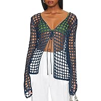Saodimallsu Womens Long Sleeve Swimsuit Coverup Crochet Hollow Out Tie Front Swim Cover Up Knit Cardigan