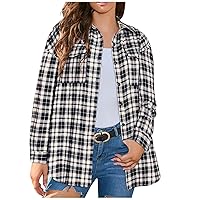 Women's 2023 Fall Plaid Shacket Jacket Long Sleeve Button Down Flannel Shirts Boyfriend Blouse Cardigan Outwear