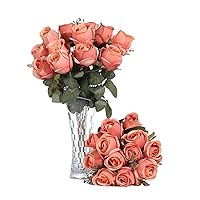 FlueHouzz Artificial Roses Flowers Fake Silk Rose Bouquet 12 Heads 2 Packs of Realistic Blossom Roses for Home Wedding Party Floral Decoration Table Centerpieces, Coral