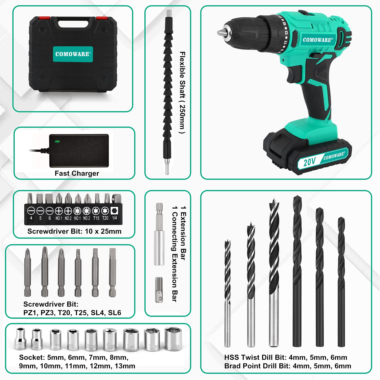COMOWARE 20V Cordless Drill 168 Pcs Home Repair Tool Kit