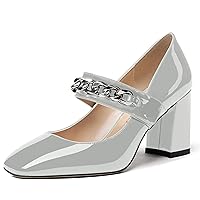 WAYDERNS Women's Patent Mary Jane Square Toe Slip-on Block Metal Chain Block High Heel Pumps Shoes 3 Inch