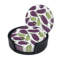 (Cartoon Eggplant) Print Leather Coasters Set of 6 for Drinks with Holder Absorbent Round Cup Mat Pad for Living Room Dining Table Kitchen Home Decor Housewarming Gift