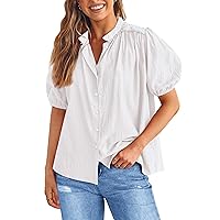 PRETTYGARDEN Women's Summer Button Down Shirts Short Lantern Sleeve V Neck Cotton Cute Dressy Casual Ladies Tops Blouses