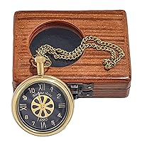 Hassanhandicrafts Antique Vintage Maritime Brass Marine Art Black Dial Pocket Watch with Wooden Box, Brass Gold