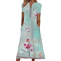 Women's Plus Size Summer Maxi Dress Casual V Neck Short Sleeve T-Shirt Dress Loose Long Sundresses with Pockets