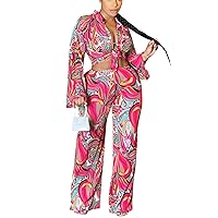 Womens Sexy 3 Pieces Floral Print Tube Top Shirt Wide Leg Pants Set Nightclub Tracksuit Outfit Set